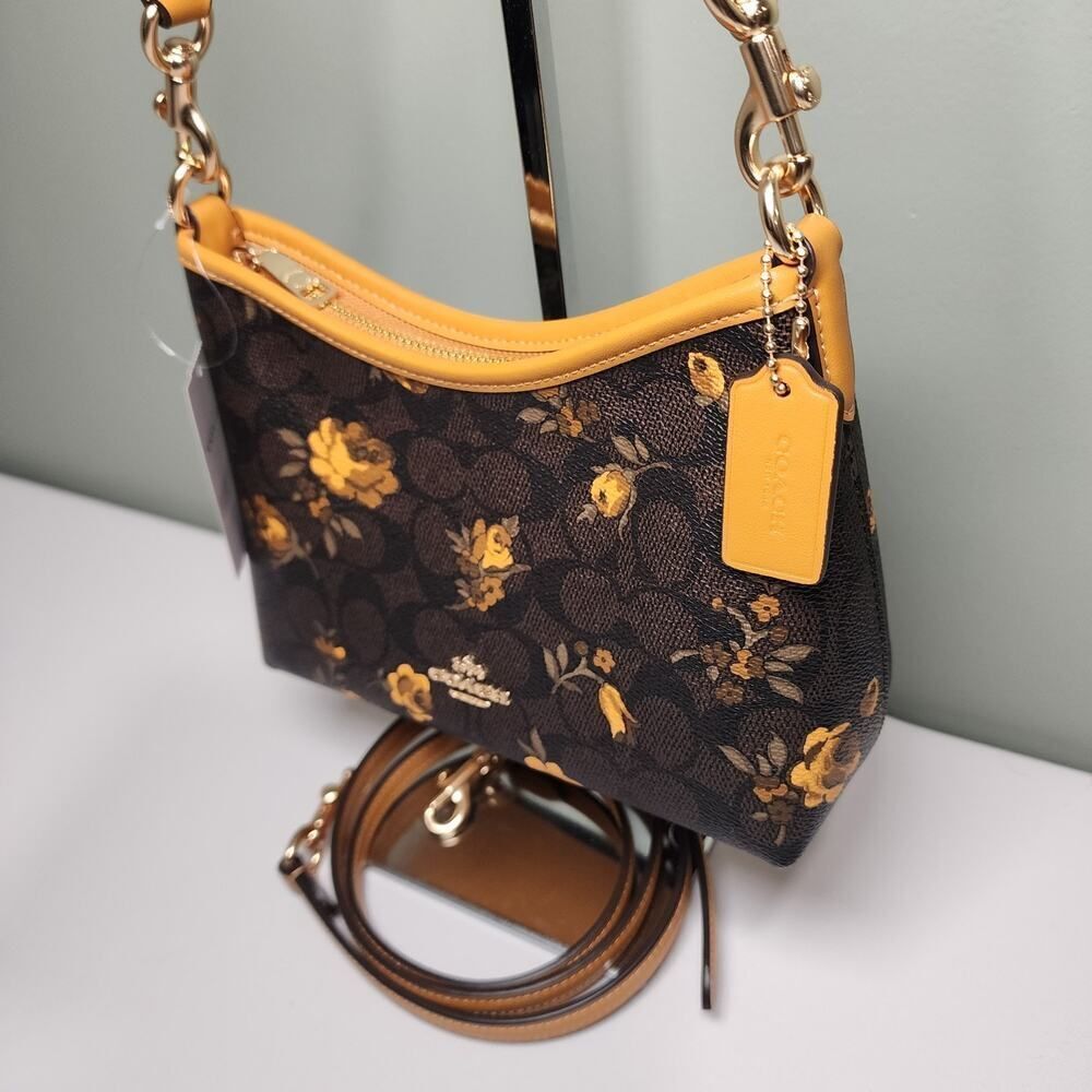 NWT Coach CCF17 Laurel Small Shoulder Signature Canvas Floral Walnut/Yellow V2 - Picture 4 of 5